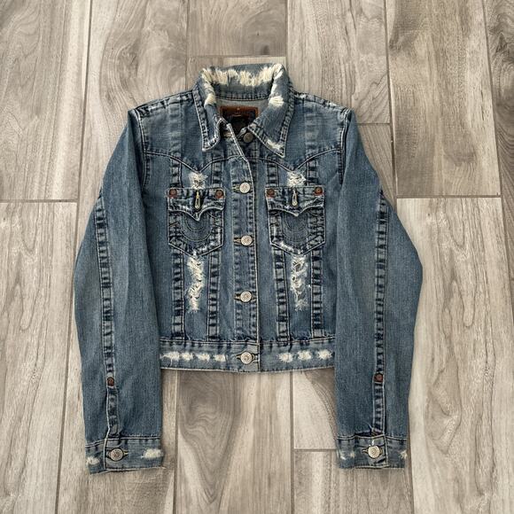 True Religion Women’s Vintage Distressed Medium Wash Denim Jean Jacket Size M - Picture 1 of 12